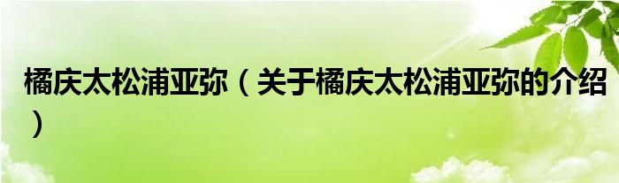 橘庆太松浦亚弥（关于橘庆太松浦亚弥的介绍）